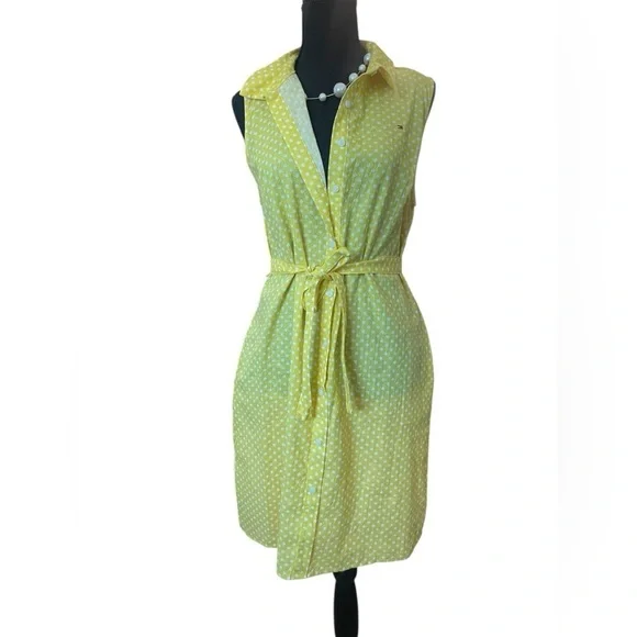 Tommy Hilfiger Yellow Polka Dot Sundress Size12 Button Front Belt Pockets Summer - Picture 3 of 9
